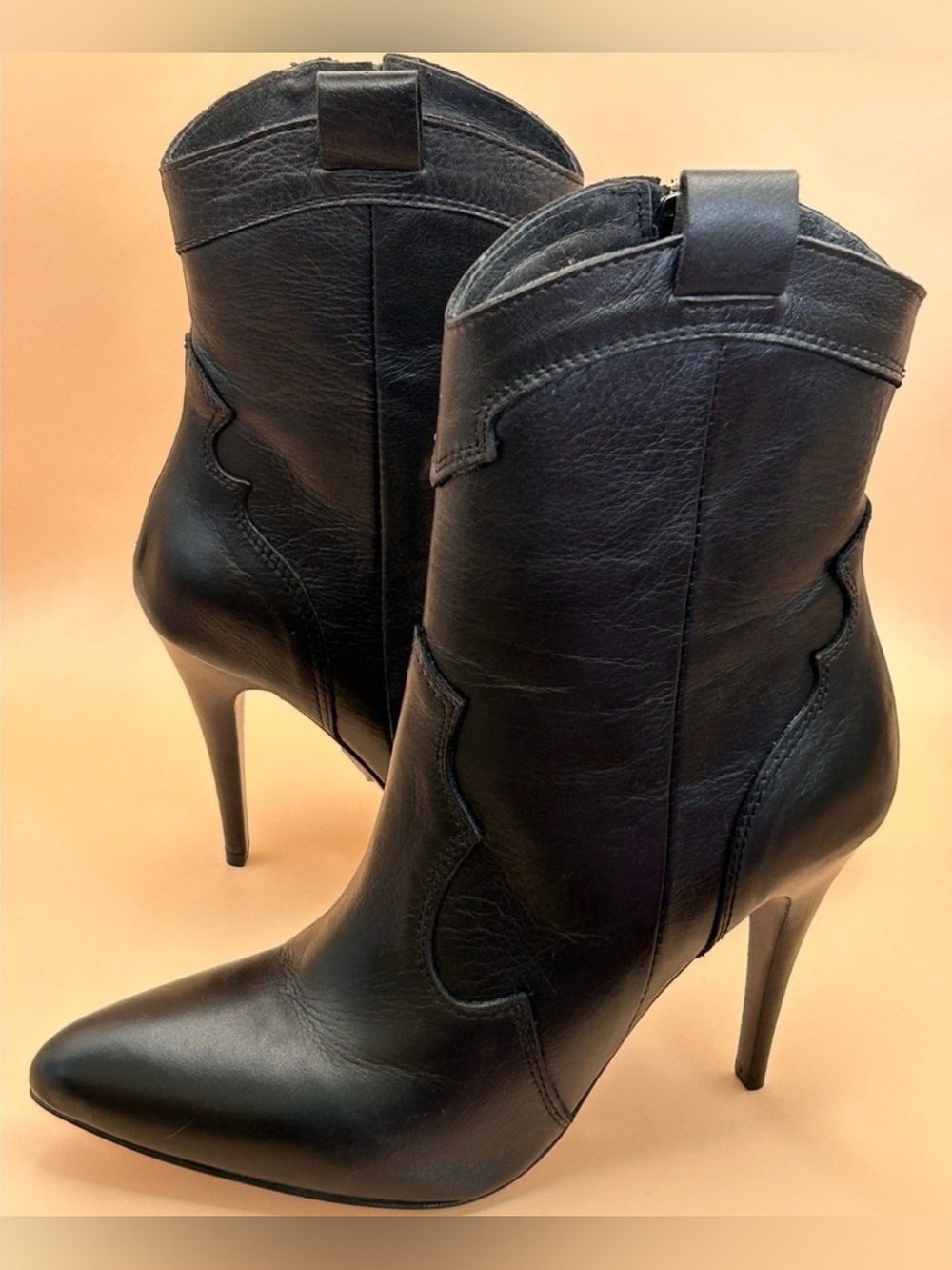 Black Leather Western Stiletto Ankle Boots Charles David Kimberly 7.5M